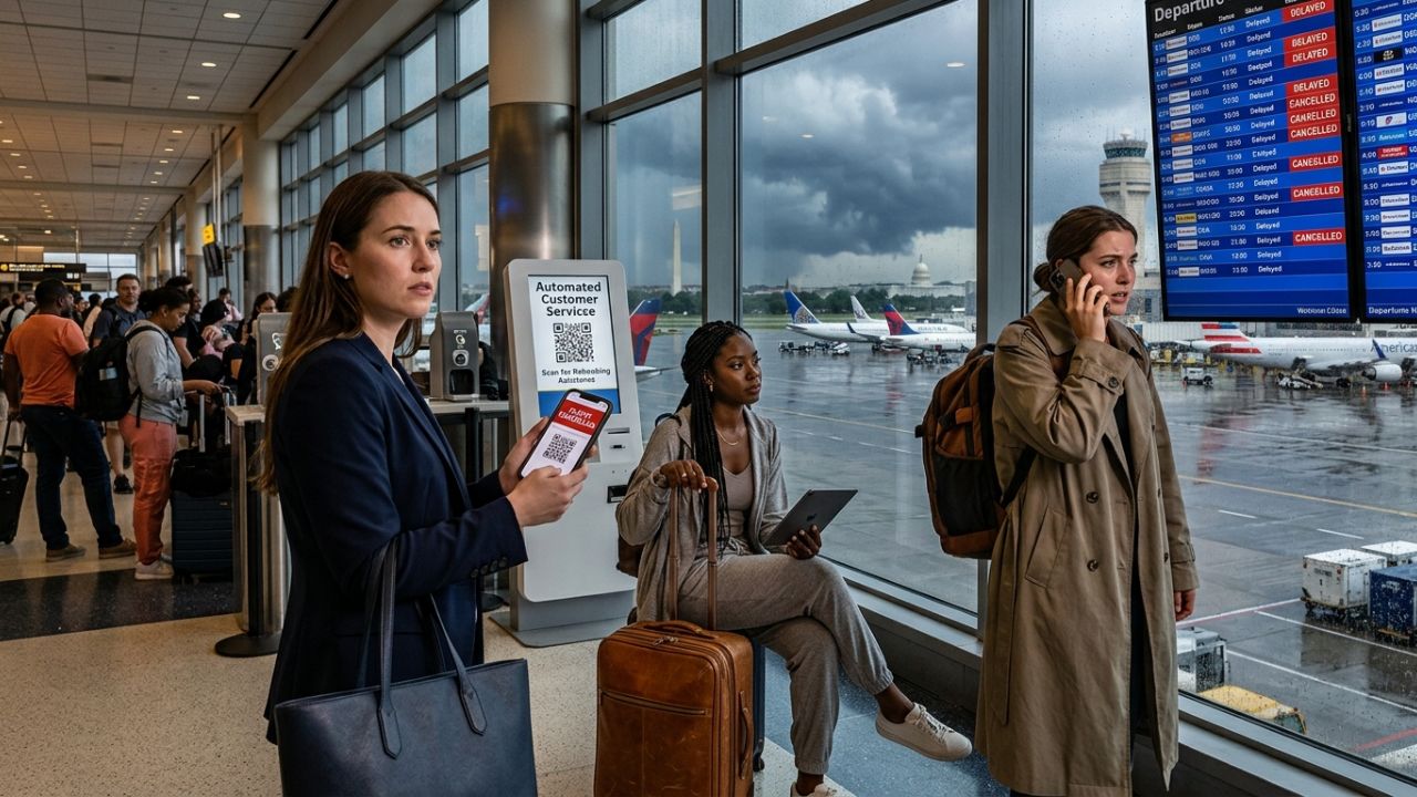 Stranded passengers frantically scanning QR codes at an overwhelmed American Airlines terminal in Ronald Reagan National Airport during massive travel chaos.