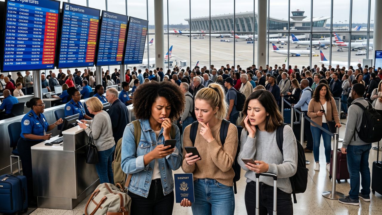 A severely congested terminal at Washington Dulles International Airport, depicting stranded passengers caught in massive travel chaos and flight cancellations