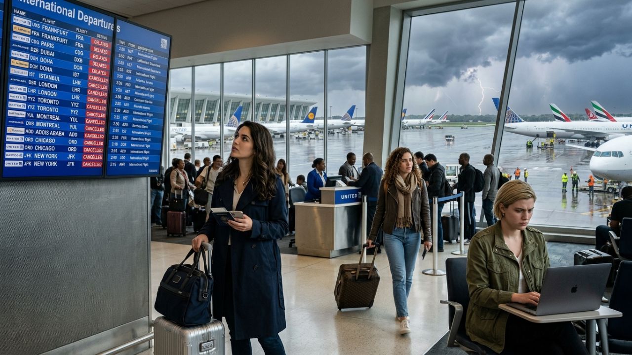 A highly congested, totally gridlocked terminal at Washington Dulles International Airport filled with stranded global passengers, symbolizing the massive travel chaos and severe flight cancellations actively crushing the international aviation network.