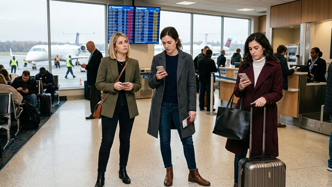 A severely congested terminal at Westchester County Airport, depicting stranded New York passengers caught in massive travel chaos and flight cancellations