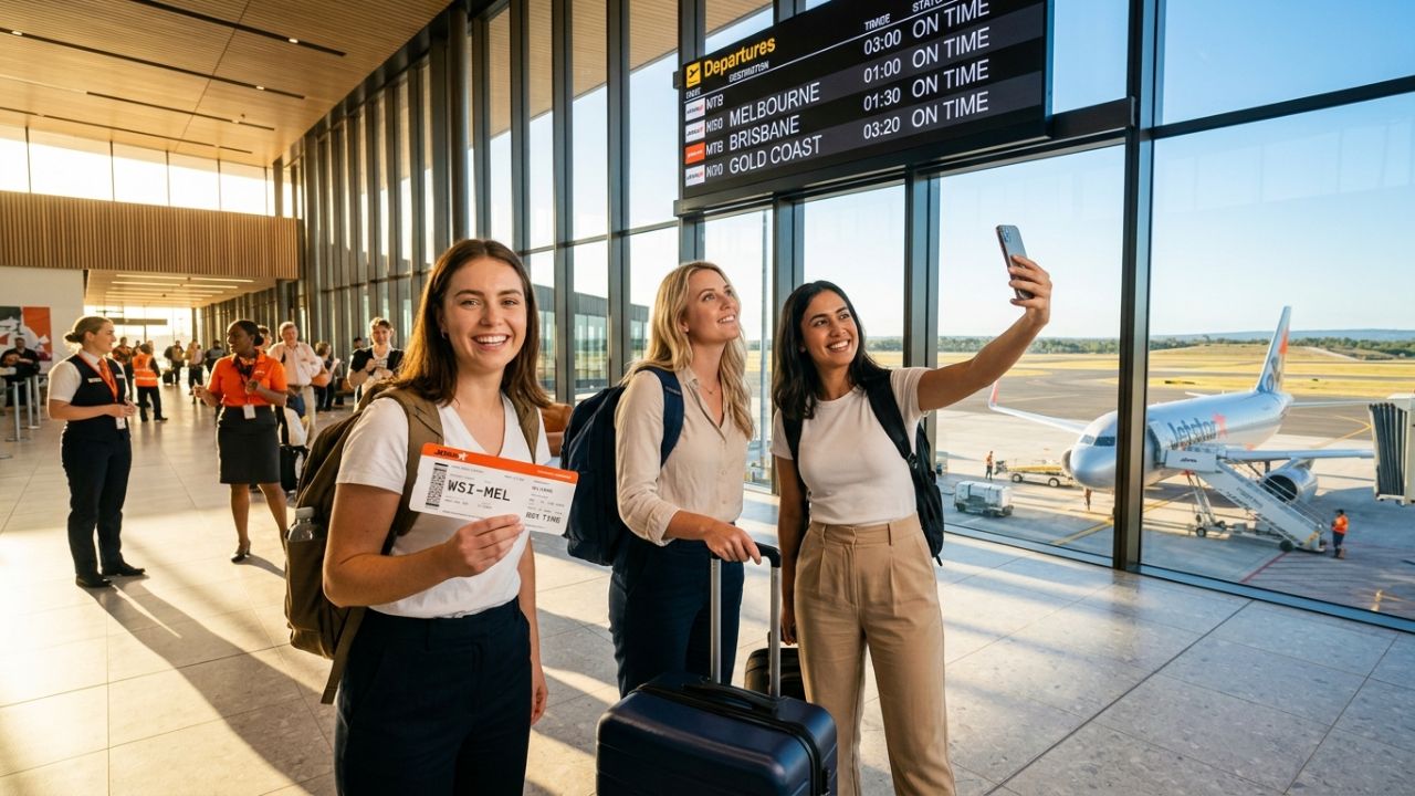 A highly dramatic scene capturing massive passenger relief as Western Sydney International Airport aggressively launches curfew-free domestic flights, violently injecting capacity to completely bypass terrifying travel chaos and airport disruptions at legacy hubs