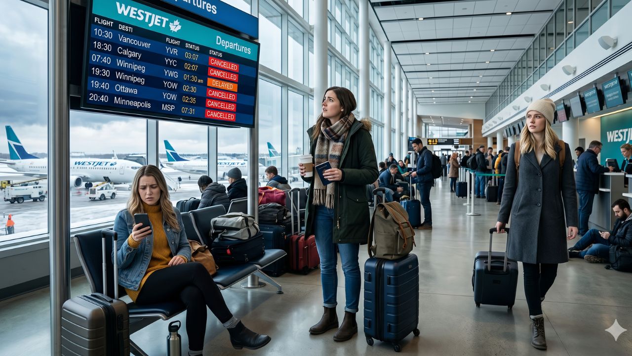 A highly chaotic scene at Edmonton International Airport showing desperate crowds of passengers stranded by severe WestJet flight cancellations and cascading Canadian delays