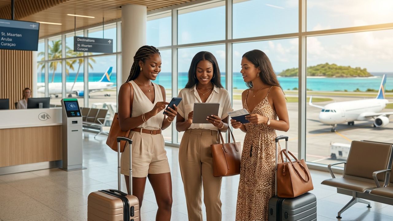 A digital display showing a Caribbean flight booking on Winair with an integrated installment payment option, representing a shift away from travel chaos