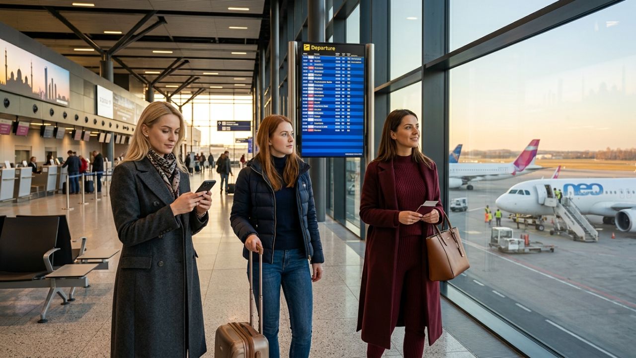 A highly dramatic scene capturing massive passenger frustration as Wizz Air faces potential severe flight cancellations on the Katowice to Abu Dhabi route, violently threatening Polish travelers with terrifying winter airport disruptions and travel chaos