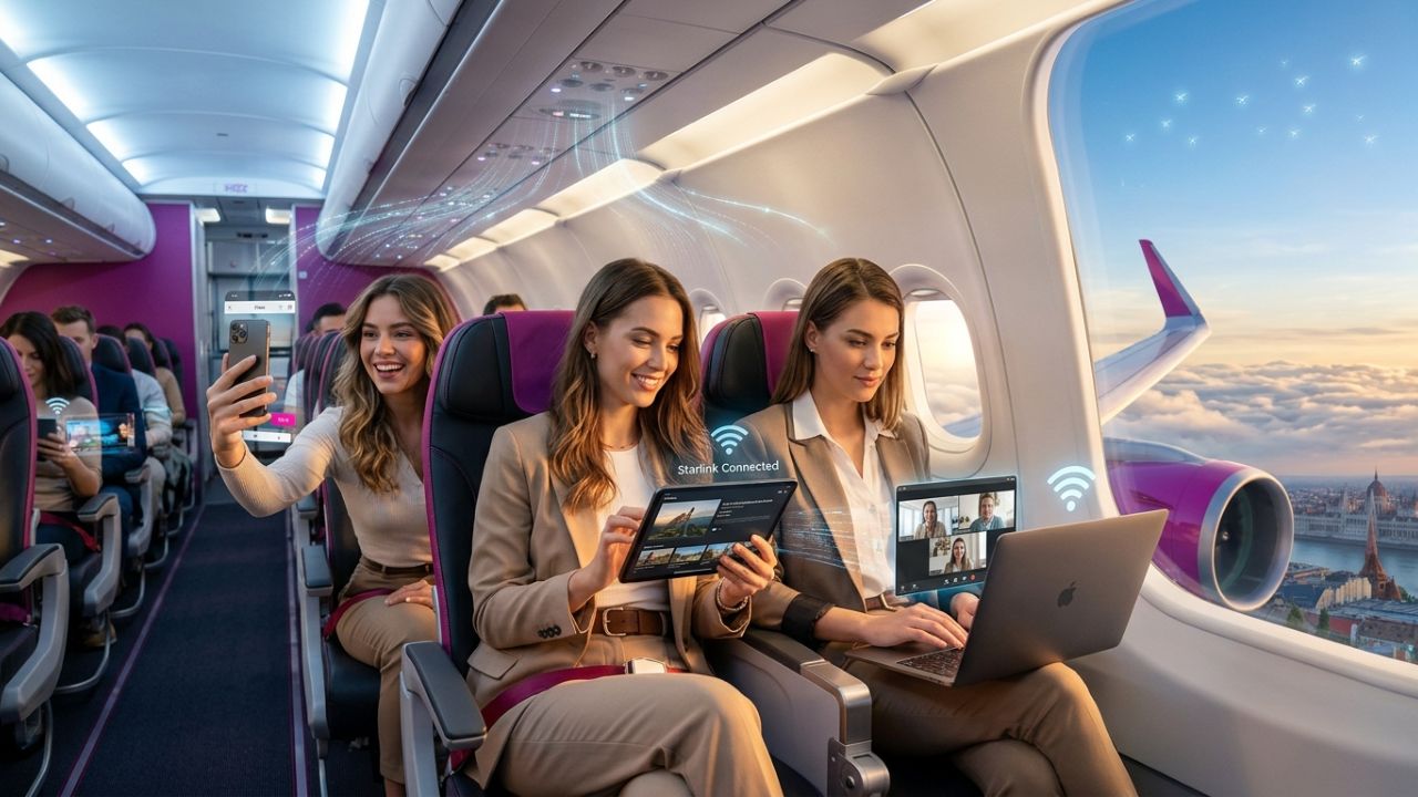 A highly dramatic scene capturing massive passenger relief as Wizz Air aggressively deploys a massive Starlink Wi-Fi network to bypass the digital isolation caused by paralyzed European transit hubs