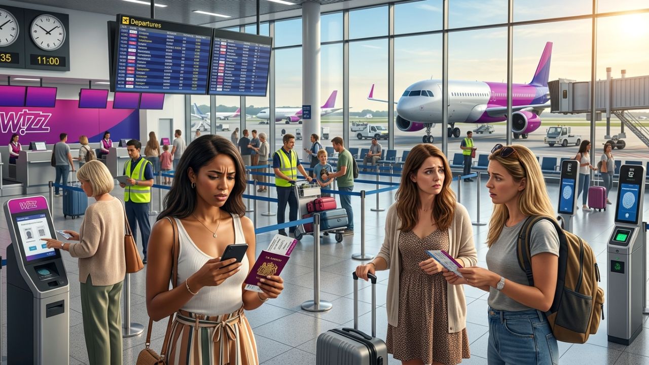 A highly dramatic scene capturing massive passenger queues and severe airport disruptions as Wizz Air enforces a controversial 3-hour arrival rule to combat travel chaos