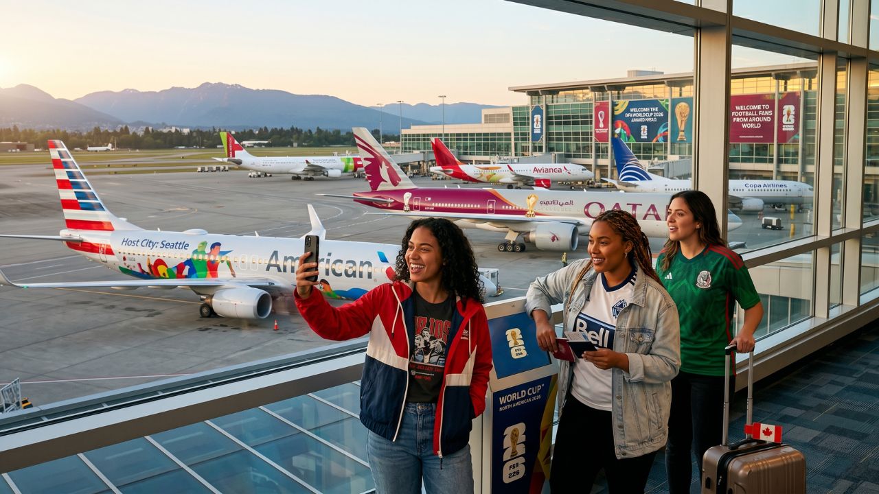 A massive Boeing 777-300ER adorned in a spectacular World Cup 2026 livery soaring powerfully above a highly congested international airport