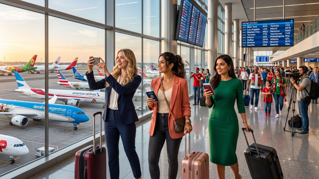 A highly congested airport tarmac displaying American Airlines and Qatar Airways jets sporting vibrant 2026 FIFA World Cup liveries, visually emphasizing the capacity crunch and resulting travel chaos