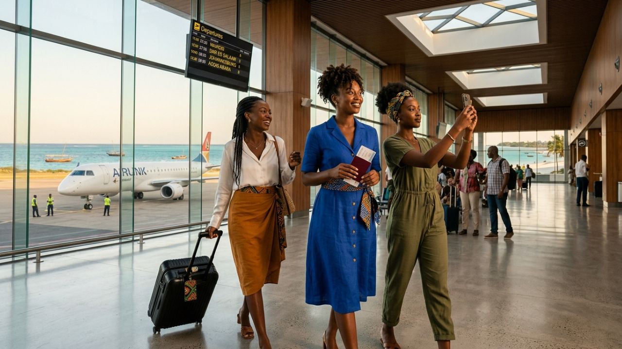 A highly dramatic scene capturing Zanzibar aviation authorities aggressively executing a massive infrastructure upgrade at AAKIA to combat severe international travel chaos and secure direct African flights