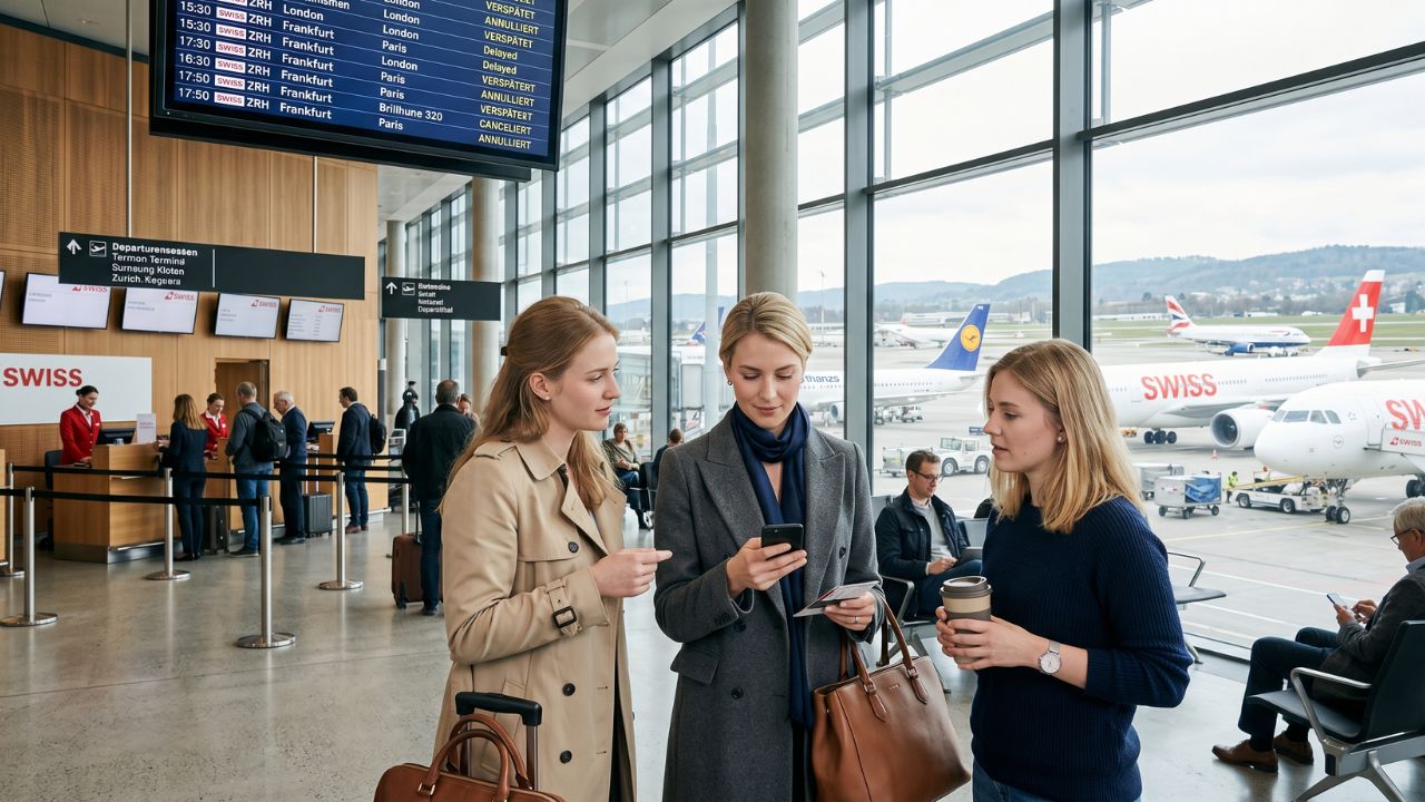 A highly congested departures terminal at Zurich Kloten Airport, with thousands of stranded passengers staring at a massive flight board displaying widespread delays and cancellations