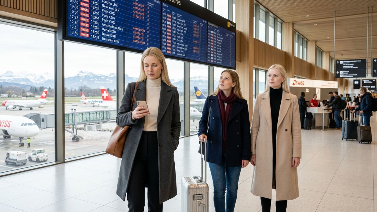 Stranded travelers looking at a massive departure board displaying flight cancellations and travel chaos at Zurich Airport.