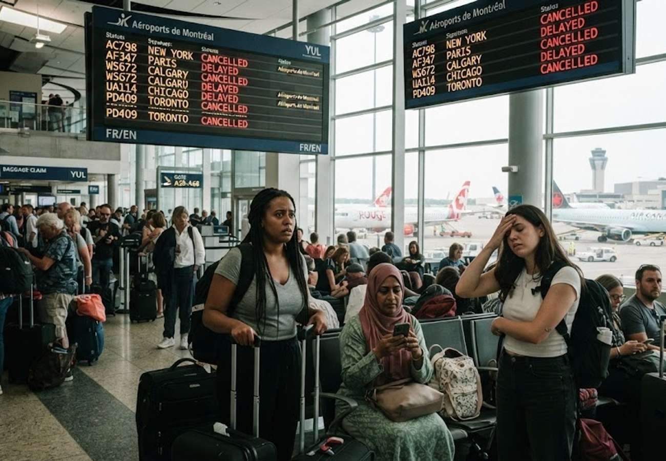 Montreal-Trudeau Airport terminal with aircraft at gates during operational disruptions