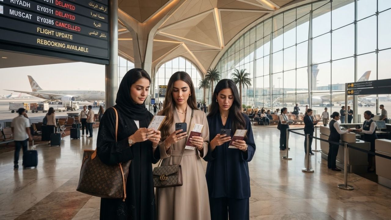 Airliner parked at terminal gates of Abu Dhabi International Airport representing flight cancellations