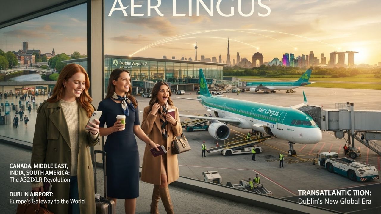 Aer Lingus passenger aircraft parked at Dublin Airport terminal gate