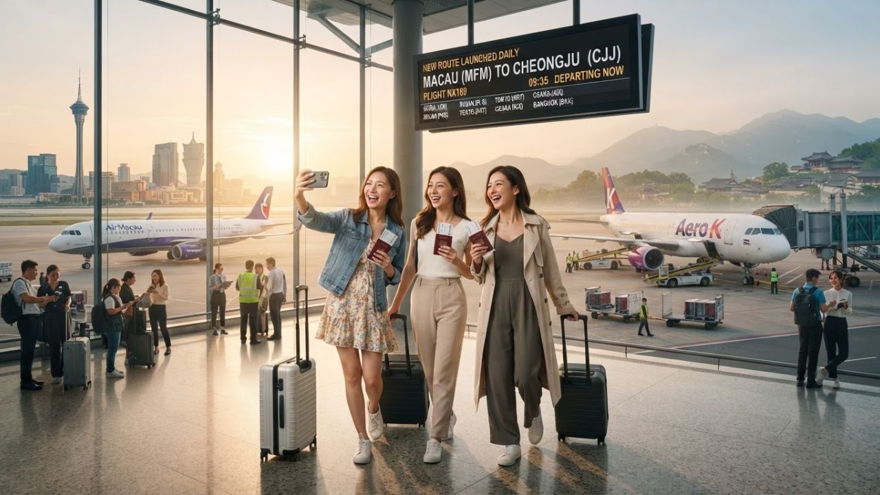 A passenger jet parked at the boarding gate under clear skies at Macau International Airport
