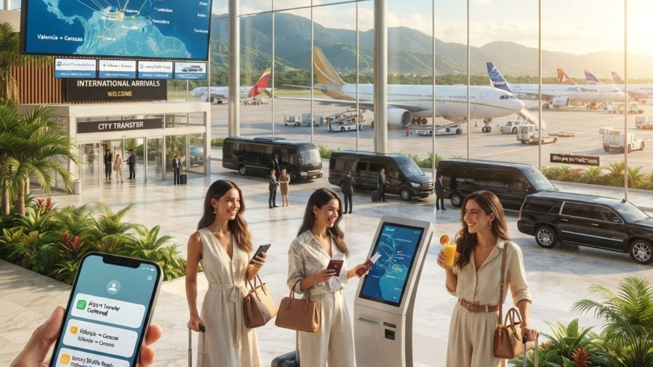 A passenger shuttle bus parked outside a clean modern airport terminal entrance under bright daylight