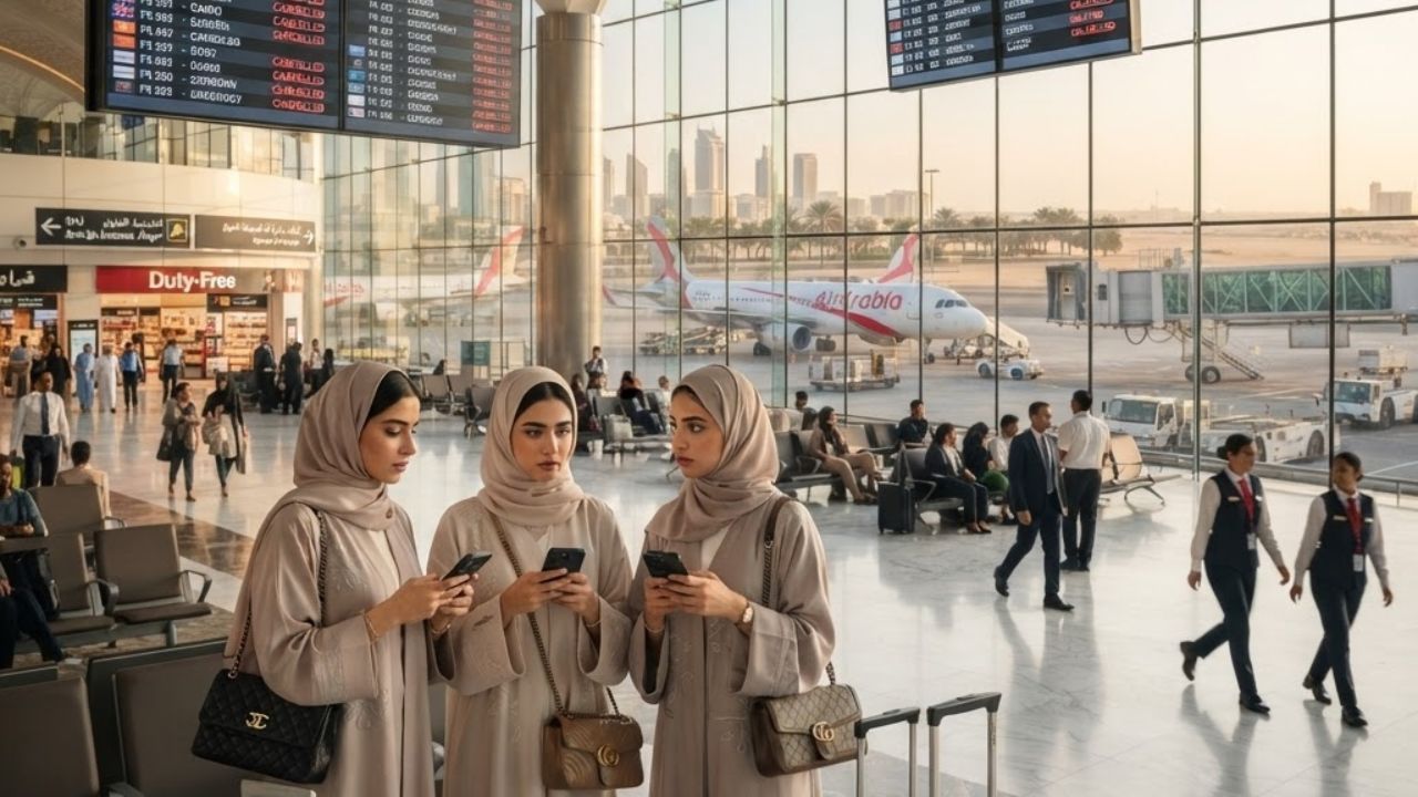 An Air Arabia aircraft parked at a boarding gate at Sharjah International Airport during the night