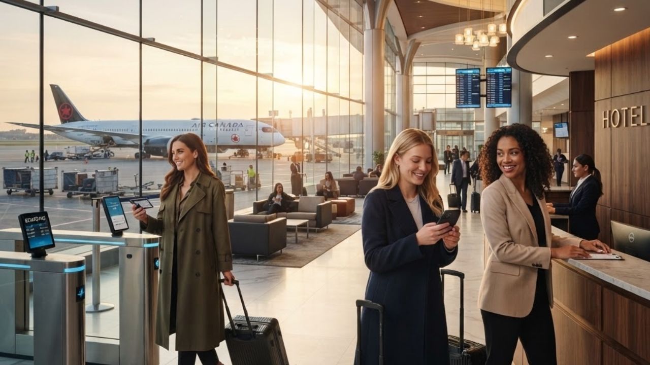 A traveler checking into a luxury hotel lobby carrying business luggage