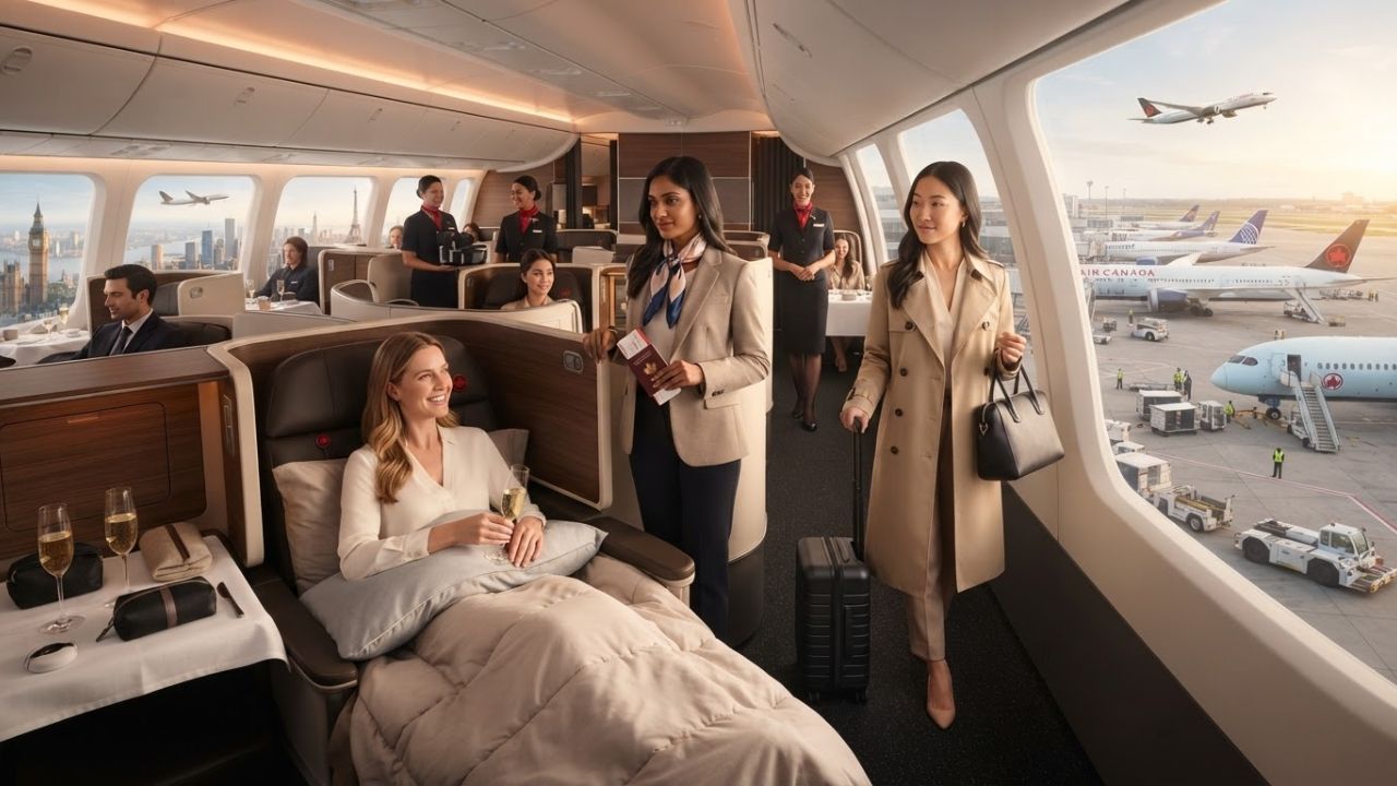 A comfortable modern aircraft passenger seat with a soft blanket and travel amenity kit