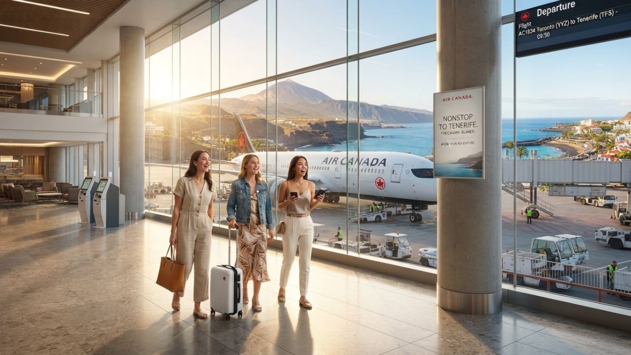 An Air Canada airliner landing at Tenerife South Airport with Mount Teide visible in the background