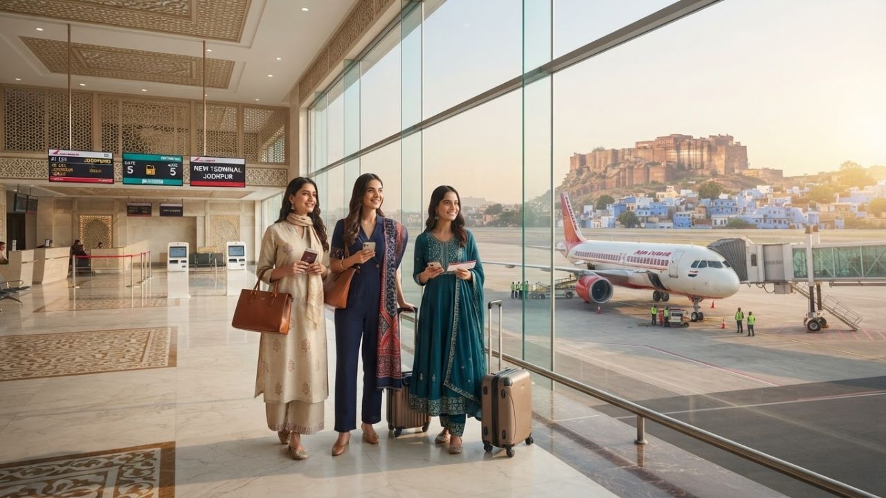 A modern glass-facade airport terminal building with local Rajasthani architectural design elements