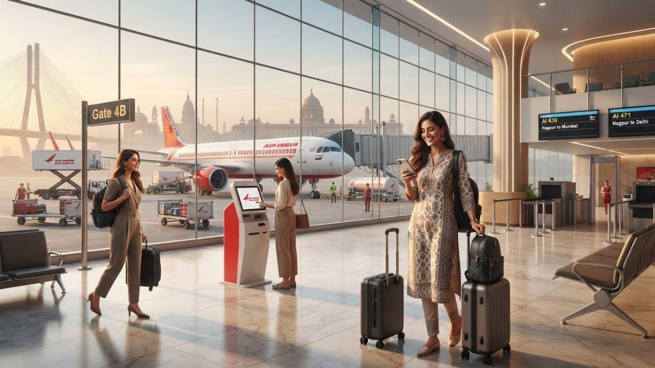 A domestic airliner parked at Nagpur airport boarding passenger luggage under a clear sky