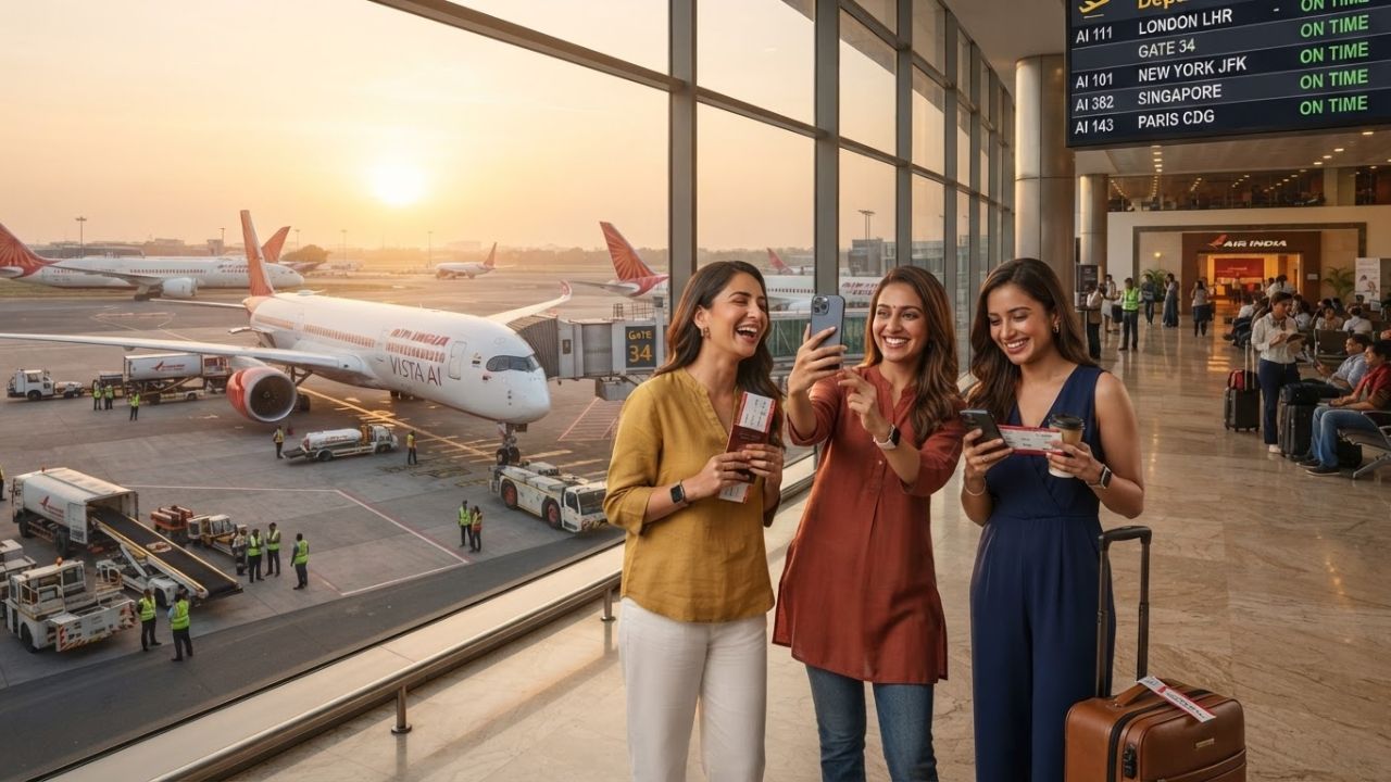 Air India aircraft flying representing punctuality and fleet modernization