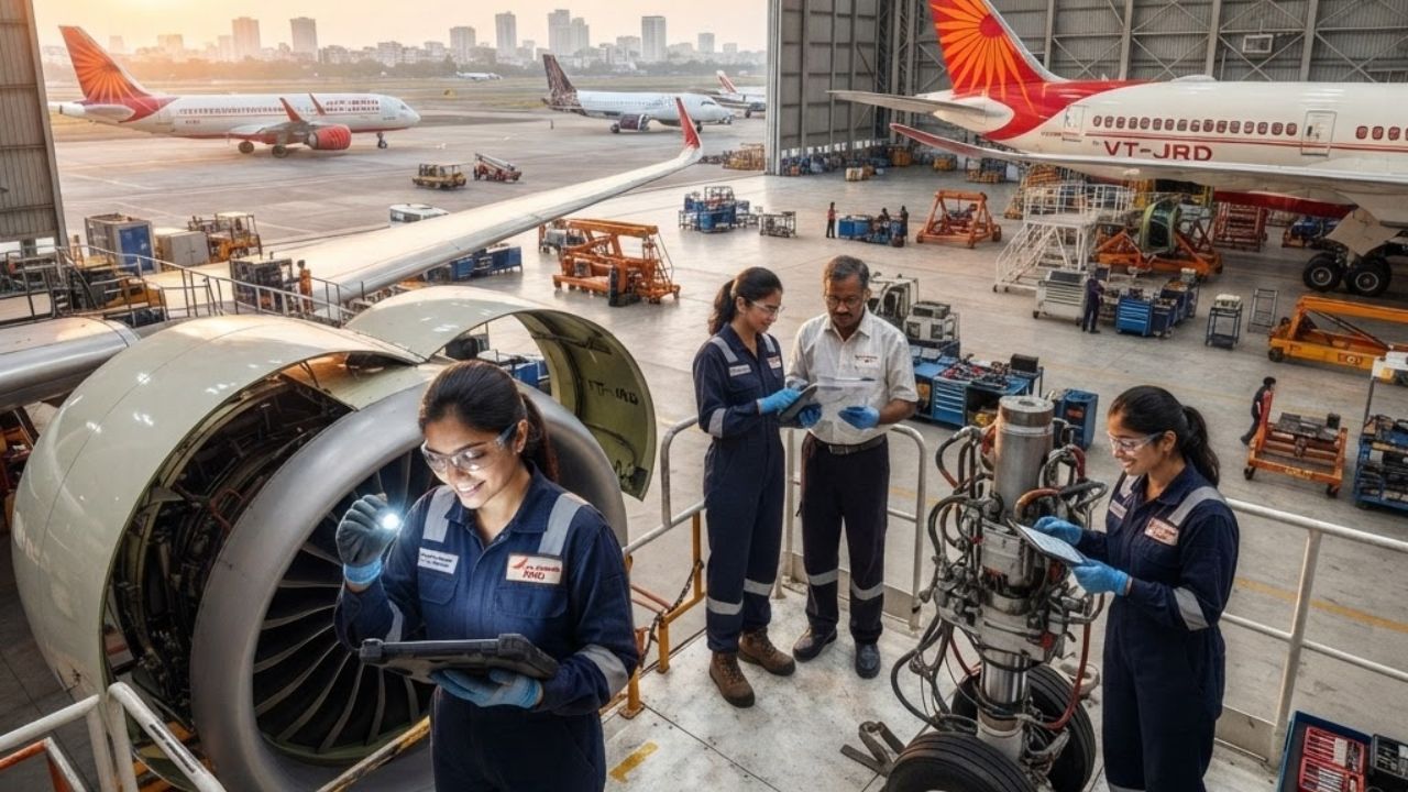 A commercial aircraft inside a high-tech maintenance hangar with mechanics working