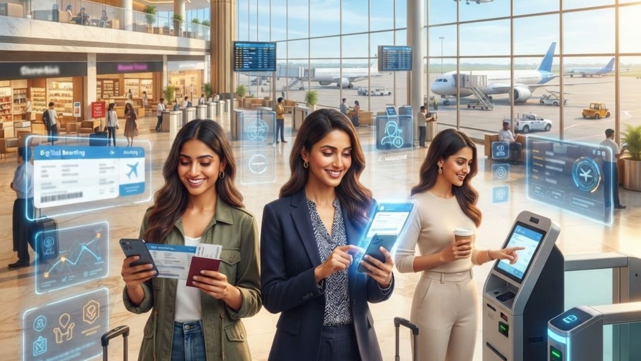A traveler using a smartphone to check in for an Air India flight at a modern airport terminal