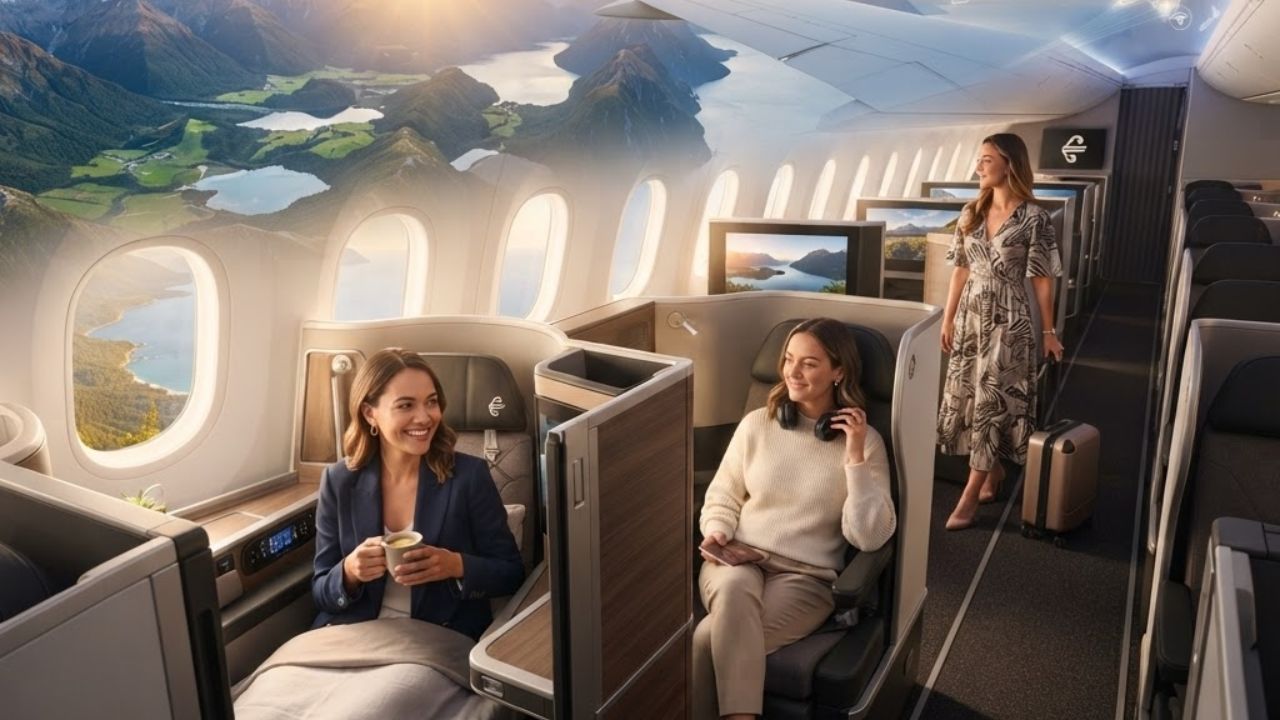 A passenger enjoying a spacious business class suite on a long-haul flight