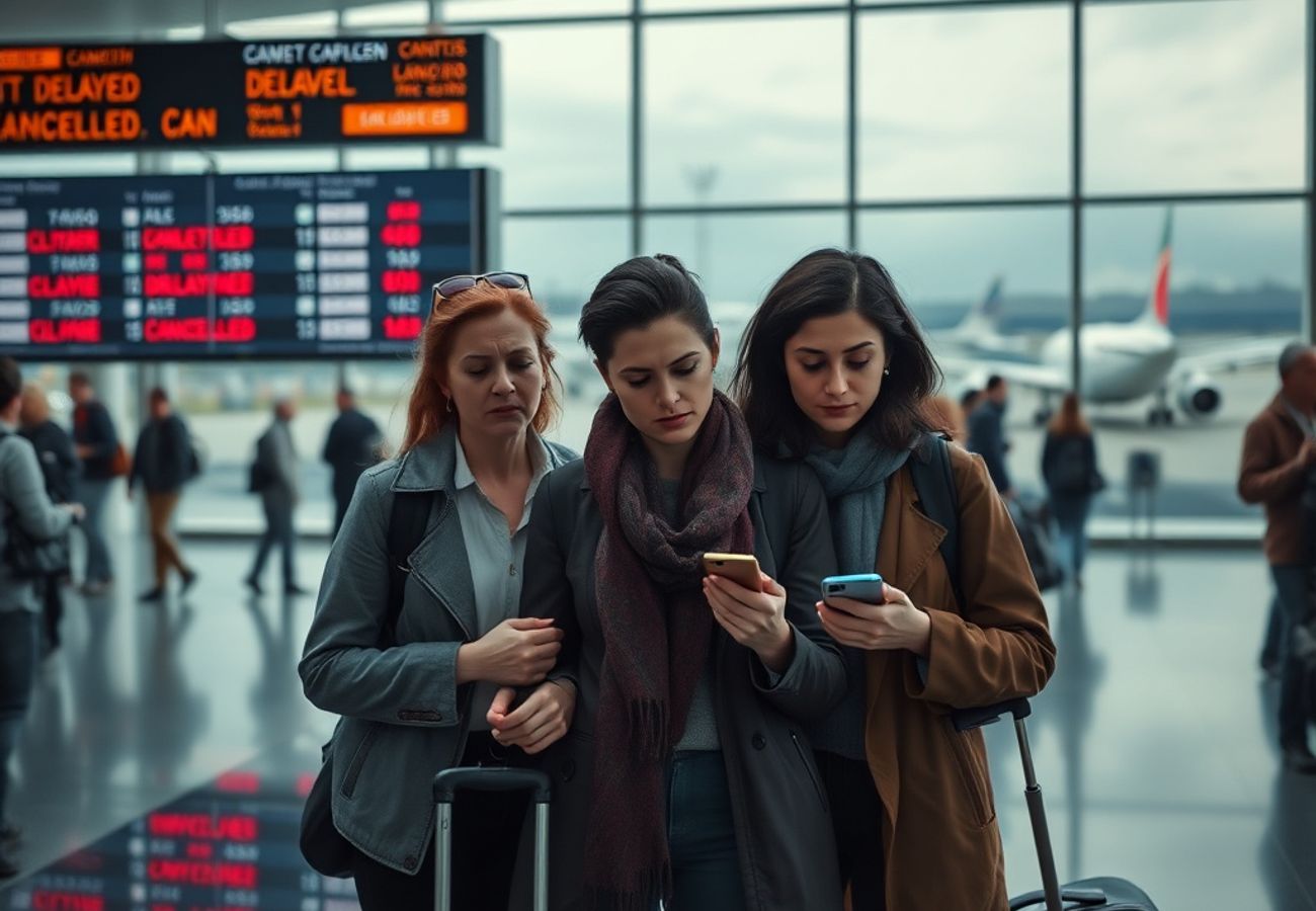Airport departure gate with security screening signage and boarding process