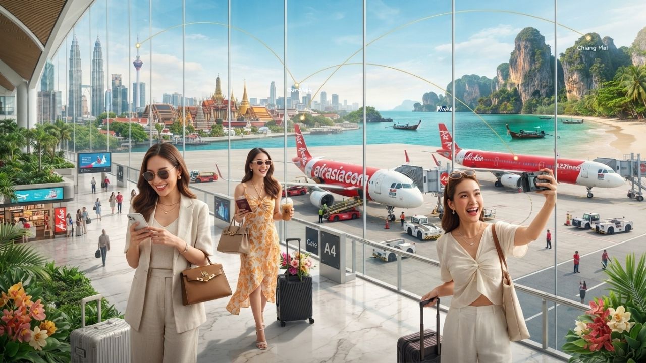AirAsia passenger Airbus airliner prepared for departure at Kuala Lumpur Airport gate
