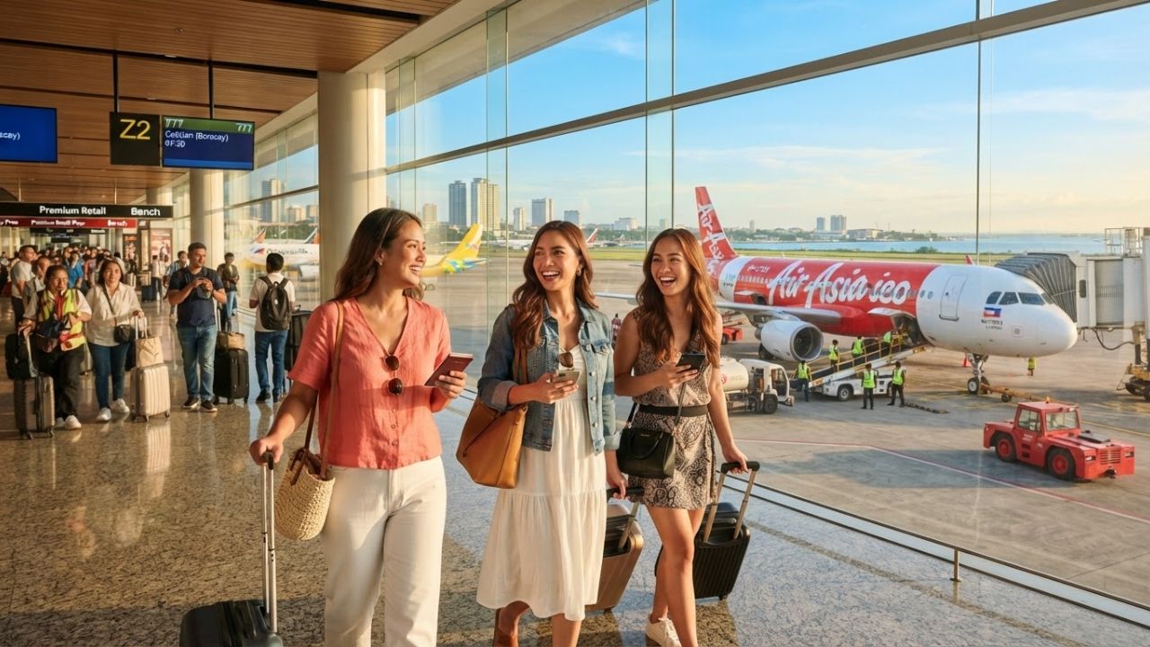 A red and white commercial passenger jet preparing to park at a passenger boarding bridge in Manila