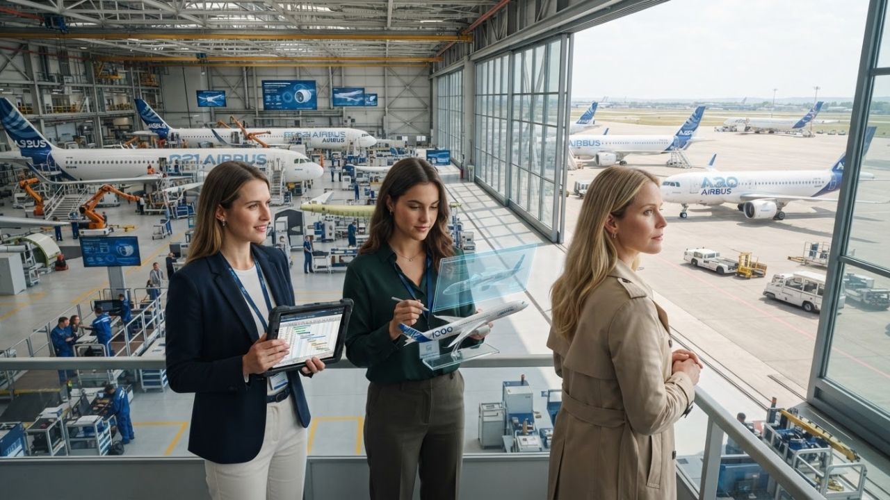 Airbus commercial airplane assembly line in a production facility