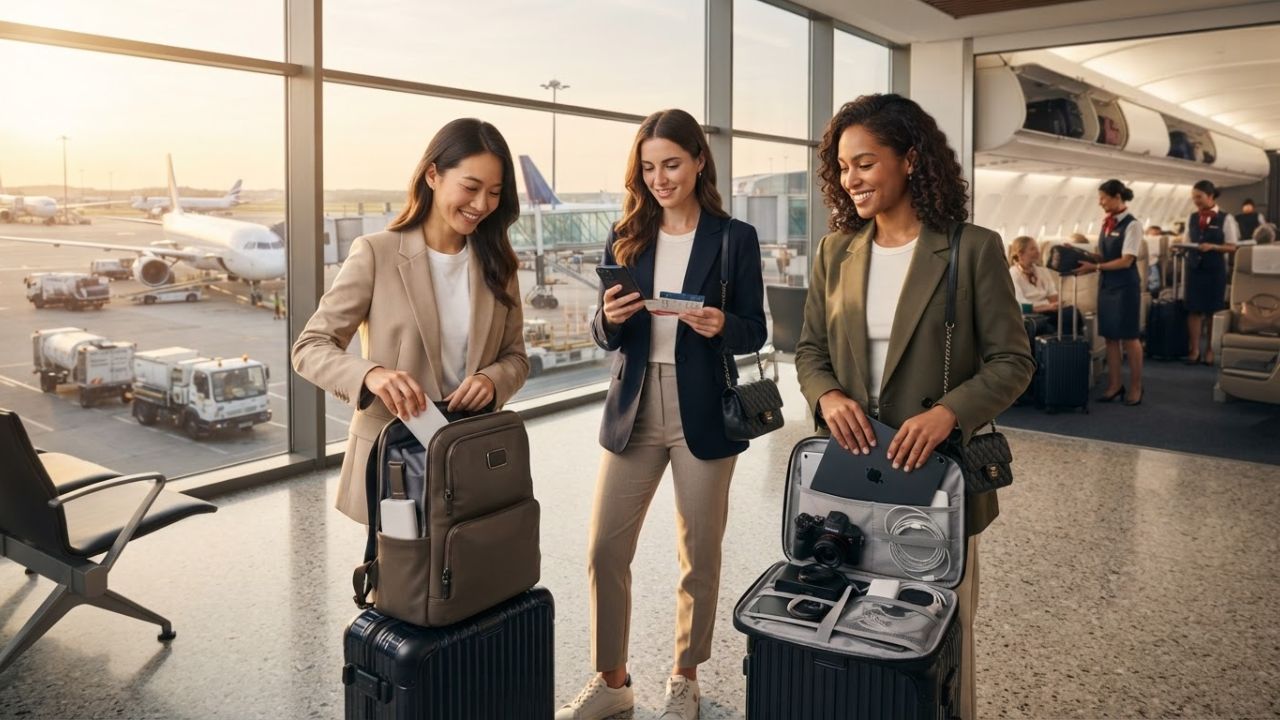 A close-up of a portable power bank charger inside a passenger carry-on travel bag