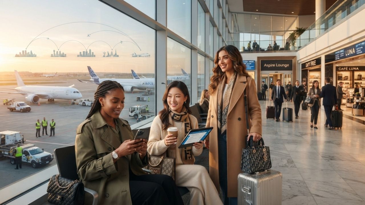 A group of passengers waiting in front of an airline customer service desk with suitcases at a terminal