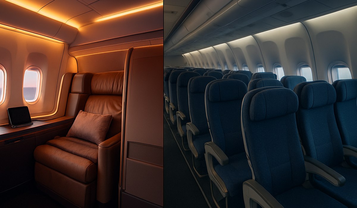 First-class cabin amenities and economy seating configuration comparison, US airlines 2026