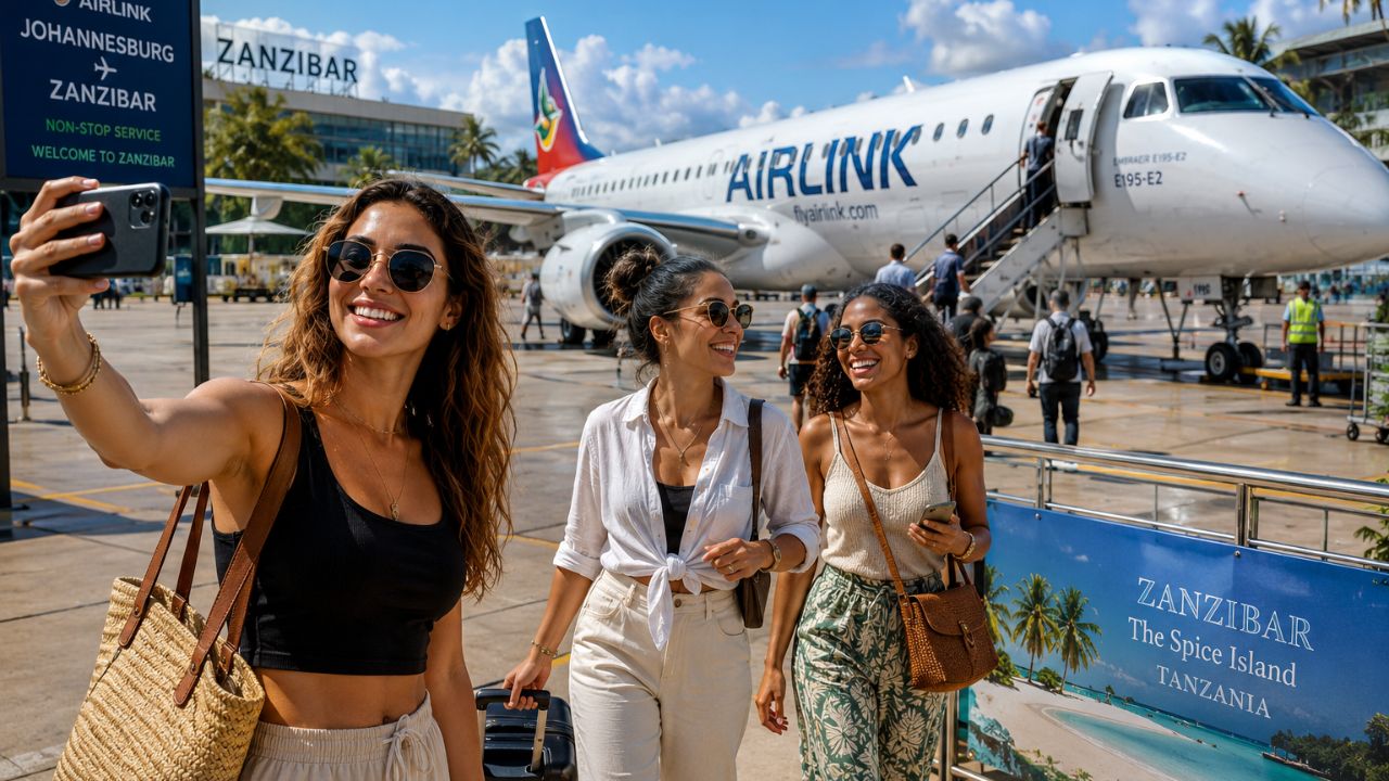 Airlink Embraer E195-E2 flying over the coastline of Zanzibar island