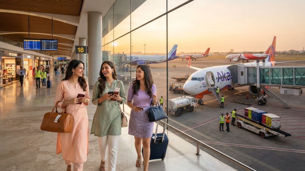 A commercial jet passenger aircraft preparing for takeoff at a major airport in India