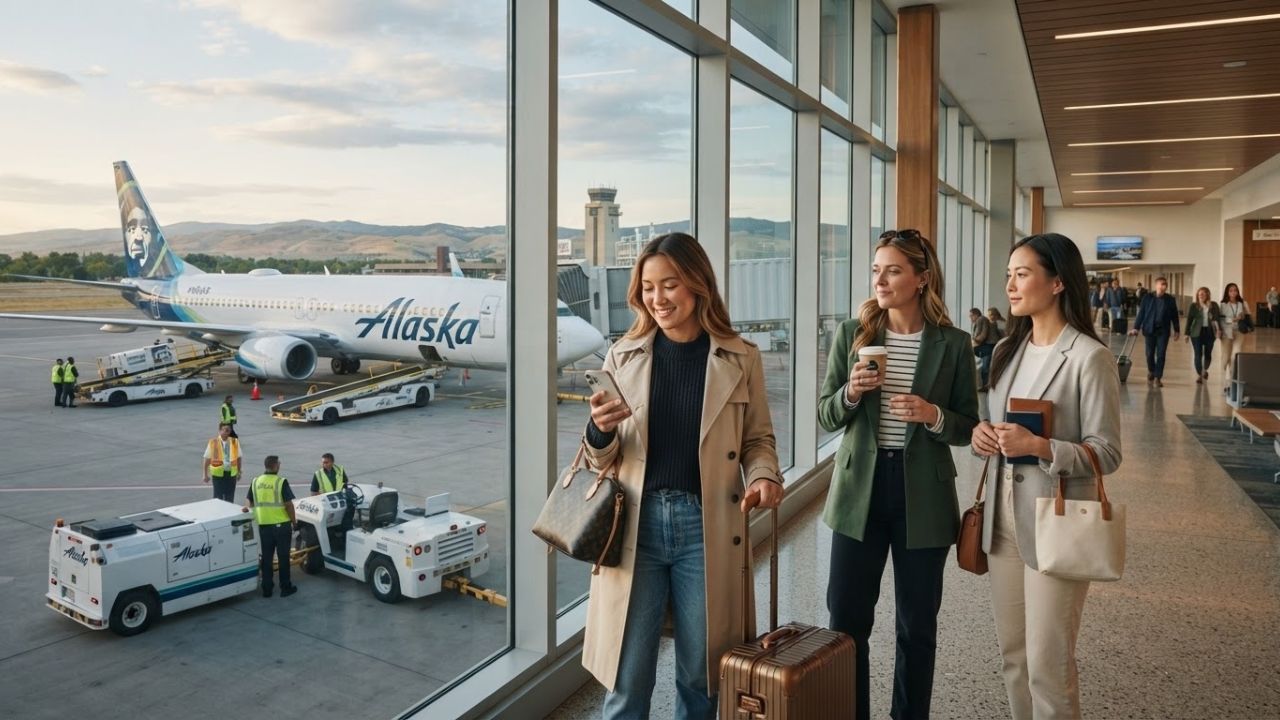 Alaska Airlines Boeing 737 passenger jet parked at airport terminal gate