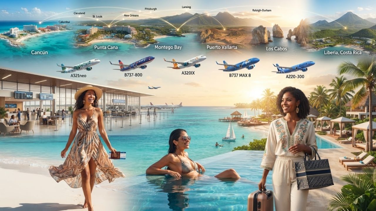 A passenger plane boarding travelers under sunny skies at a tropical resort airport