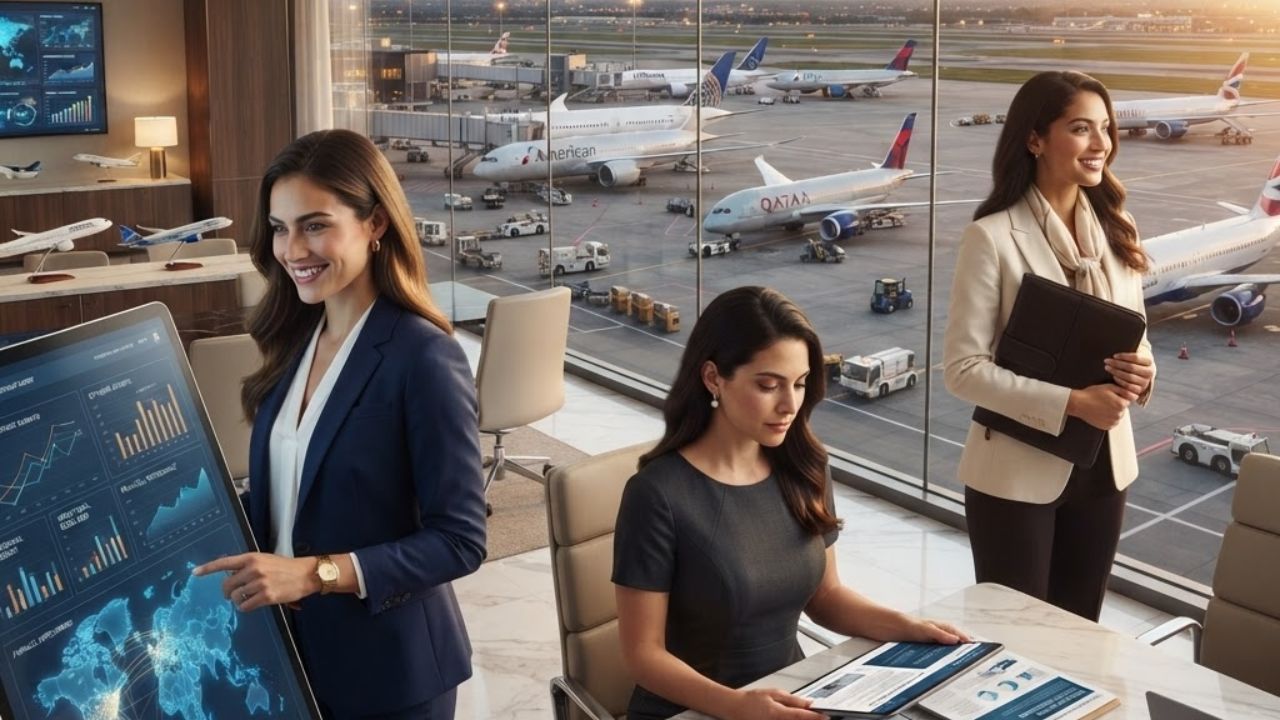 A modern commercial airline corporate office boardroom overlooking airport runways