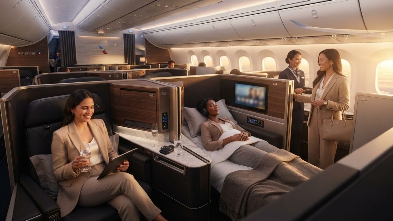 A premium business class cabin suite with warm timber paneling and a sliding privacy door inside a wide-body jet