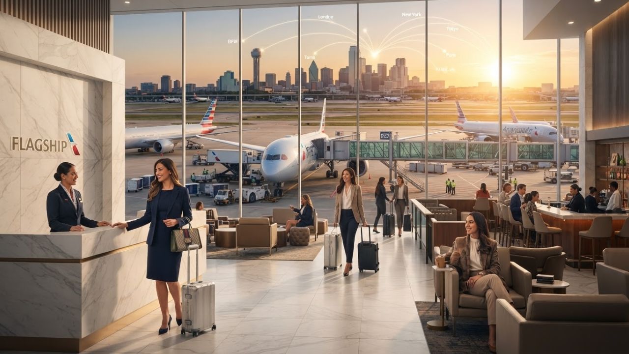 A premium check-in desk area at a modern airport terminal under bright lighting