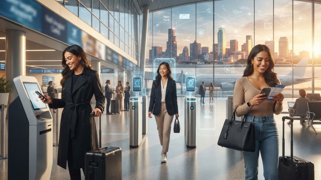 Passenger using smartphone digital boarding pass at airport security gate