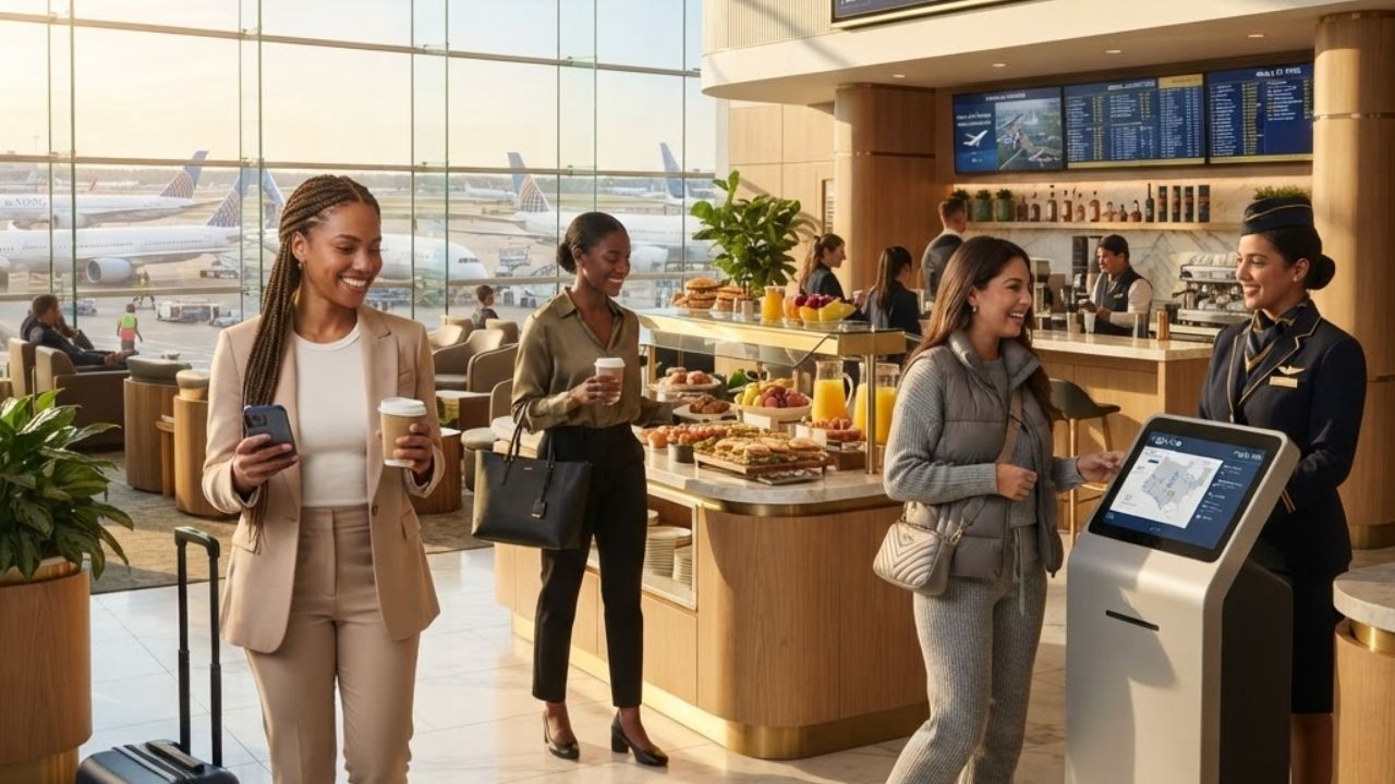 A modern airport lounge interior with sleek seating areas and a self-service beverage counter