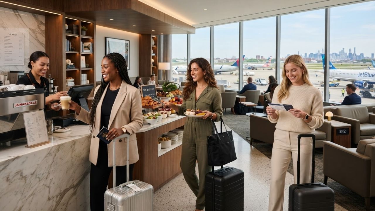 A sleek, modern grab-and-go style airport lounge at JFK Terminal 8