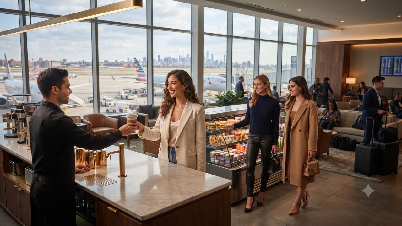 A sleek interior view of a modern airport coffee lounge with counter seating and barista station