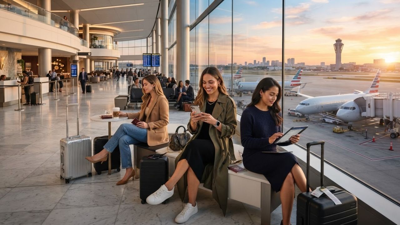 A passenger using a smartphone to manage a flight booking in front of an airport departure gate