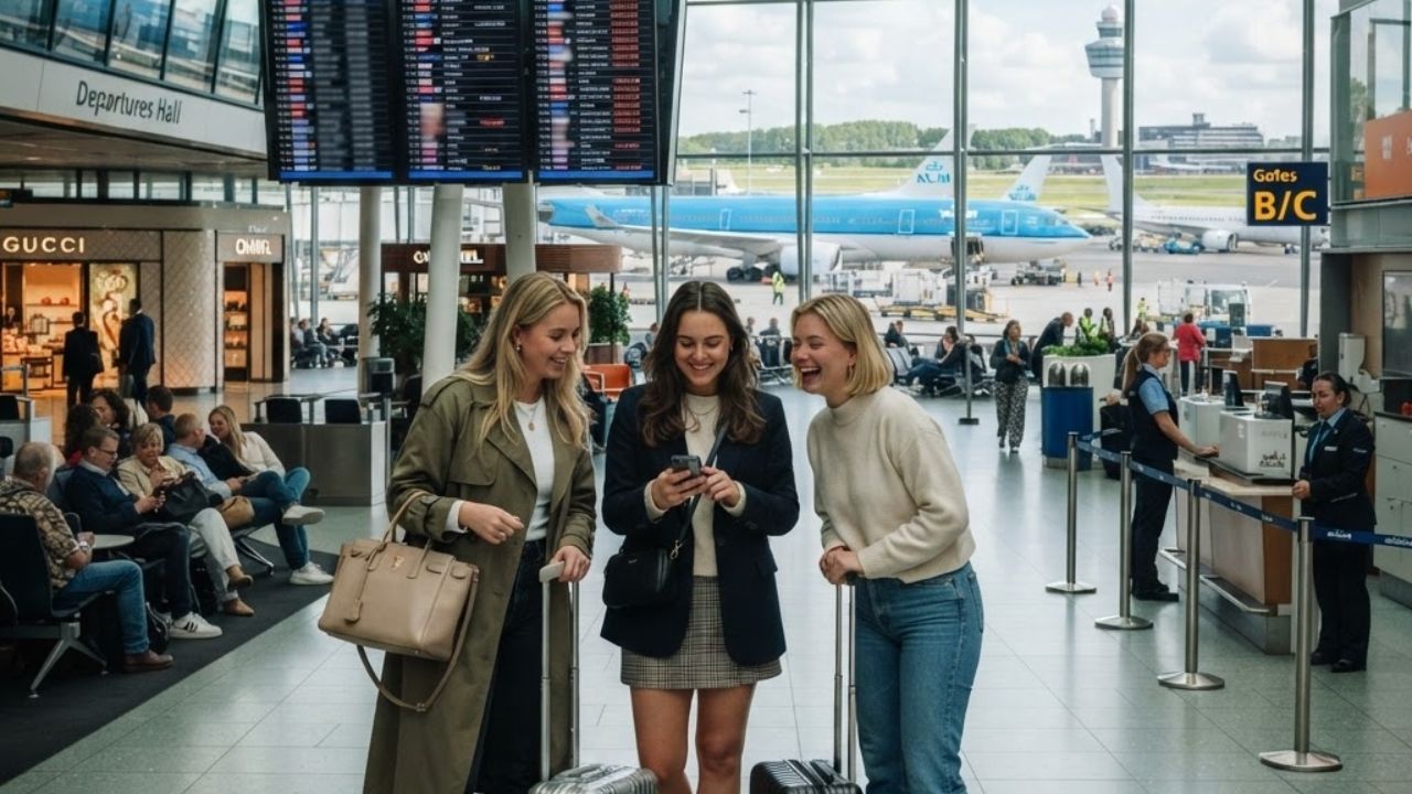 A view of the departure gates and aircraft parking stands at Amsterdam Schiphol Airport during the morning rush